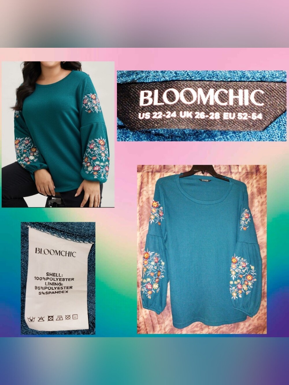 Bloomchic Cyan/Multiclr Floral Embroidered Lantern Slv Waffle Knit Top 22/24(3X)